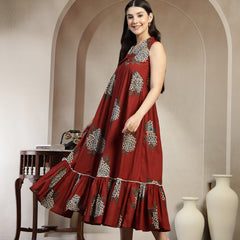 Gulmohar Jaipur Cotton Calf Length Printed Sleeveless Collard Neck Flared Kurta