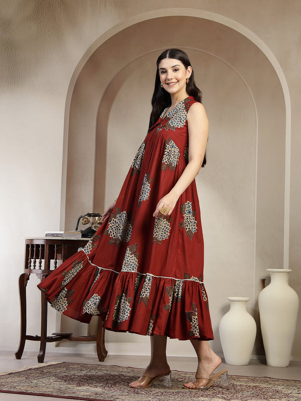 Gulmohar Jaipur Cotton Calf Length Printed Sleeveless Collard Neck Flared Kurta