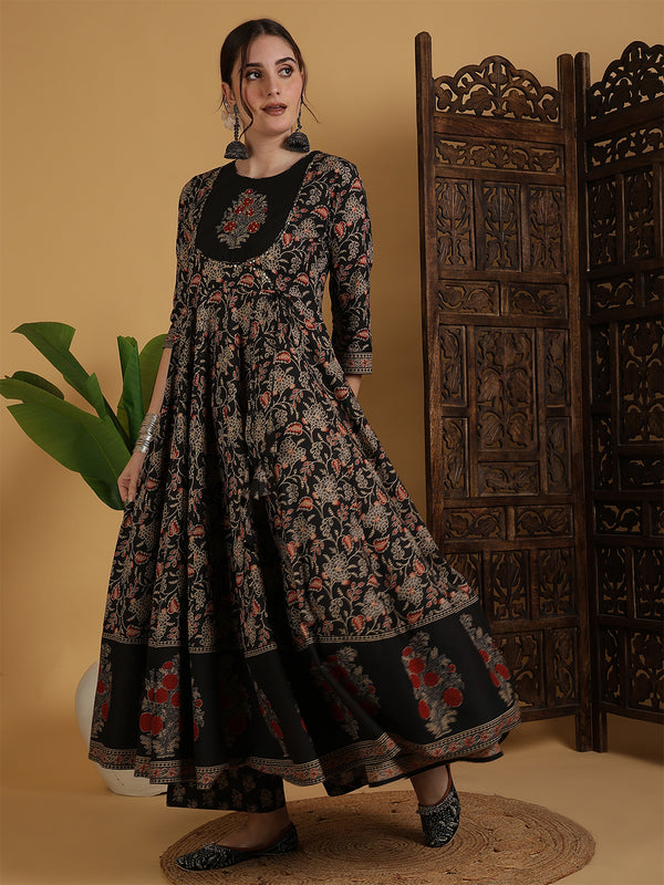 Black Pure Cotton Printed Hand-Work Anarkali Kurta Suit Set