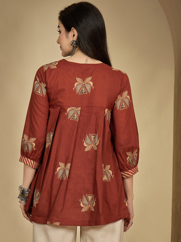 Gulmohar Jaipur Rayon Hip Length Printed 3/4 Sleeves Round Neck Flared Top