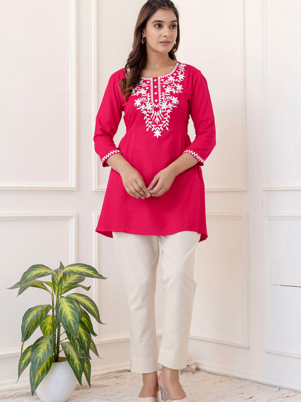 Rani Rayon Hip Length Solid Round Neck Solid Embroidered Straight Top