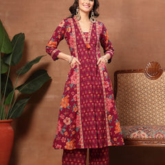 Cotton Calf Length Printed 3/4 Sleeves V-Neck Flared Kurta Suit Set