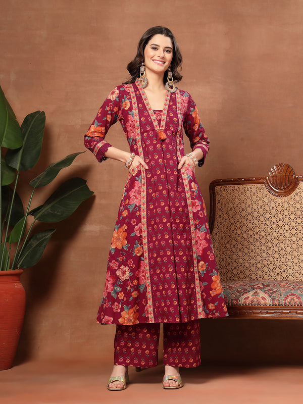 Cotton Calf Length Printed 3/4 Sleeves V-Neck Flared Kurta Suit Set