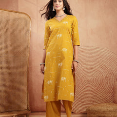 Gulmohar Jaipur Rayon Calf Length Printed 3/4 Sleeves V-Neck Straight Kurta Suit Set