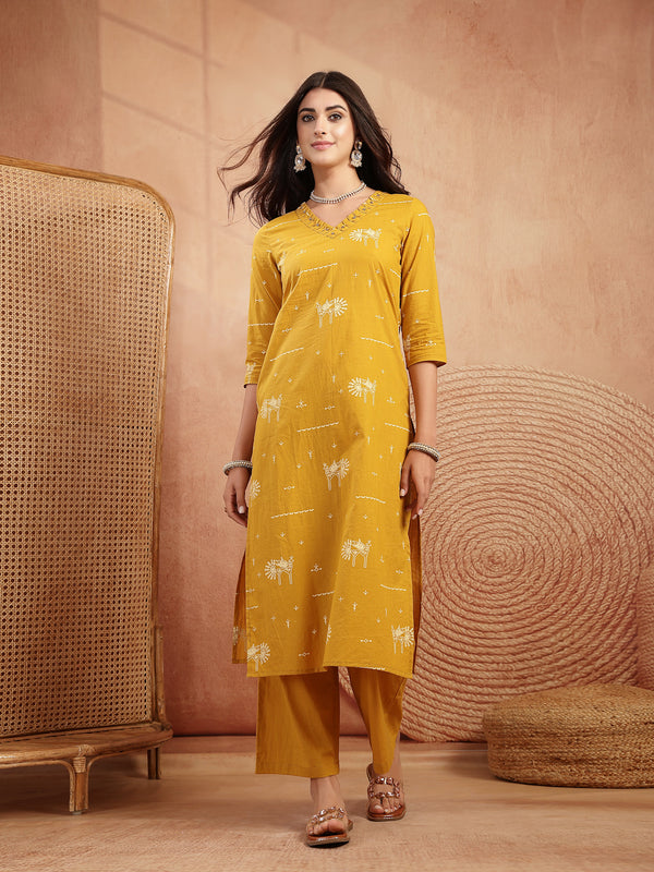 Gulmohar Jaipur Rayon Calf Length Printed 3/4 Sleeves V-Neck Straight Kurta Suit Set