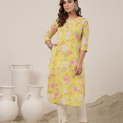Cotton Calf Length Printed 3/4 Sleeve Round Neck Straight Kurta