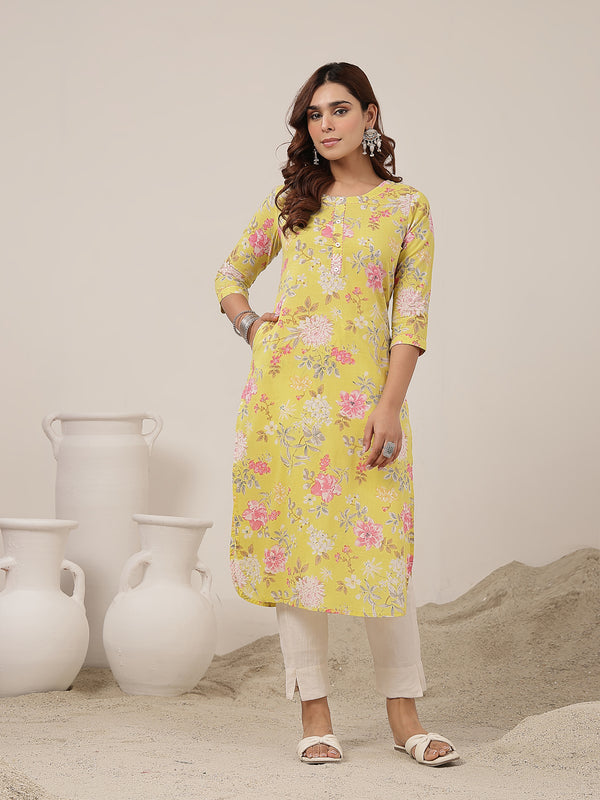 Cotton Calf Length Printed 3/4 Sleeve Round Neck Straight Kurta
