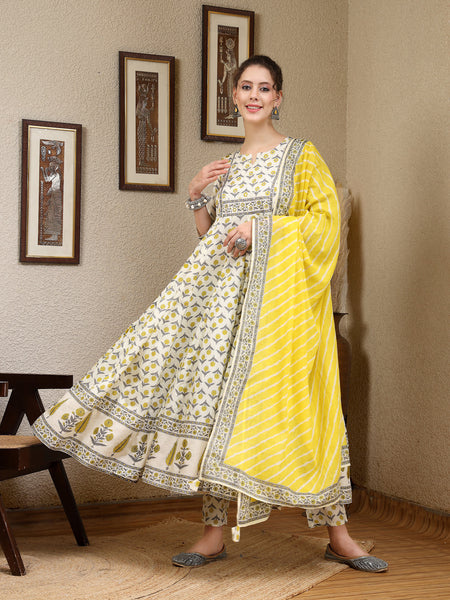 Lemon Cotton Calf Length Printed Round Neck Anarkali Kurta Suit Set