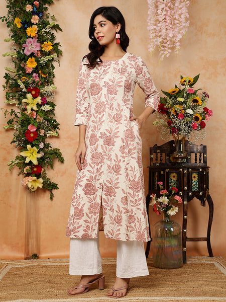 Cream Cotton Flex Calf Length Printed Round Neck A-Line Kurta