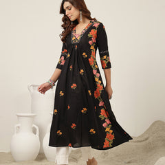 Rayon Calf Length Printed 3/4 Sleeve V-Neck Flared Kurta