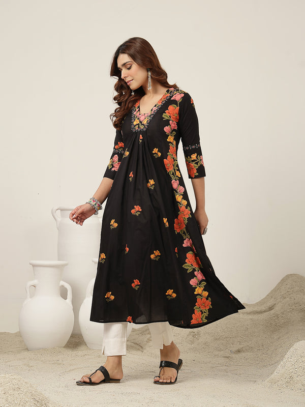 Rayon Calf Length Printed 3/4 Sleeve V-Neck Flared Kurta