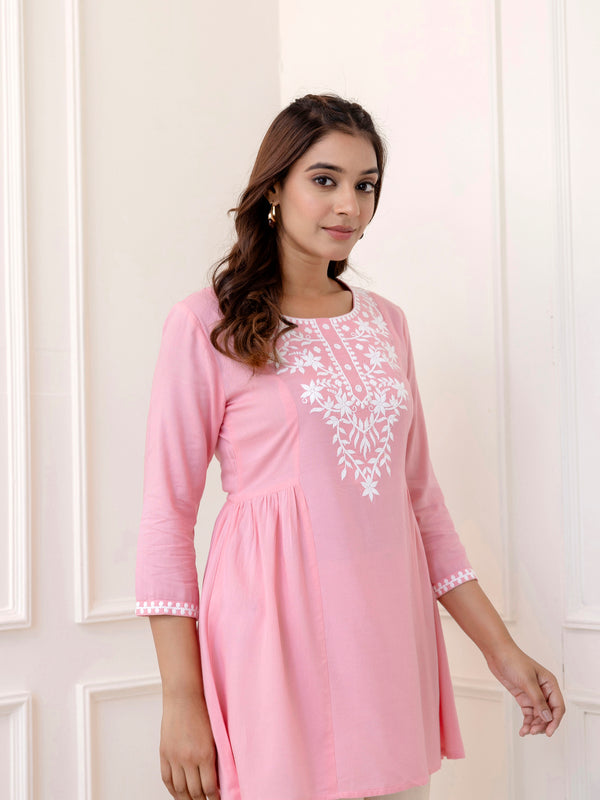Light Pink Rayon Hip Length Solid Round Neck Solid Embroidered Straight Top