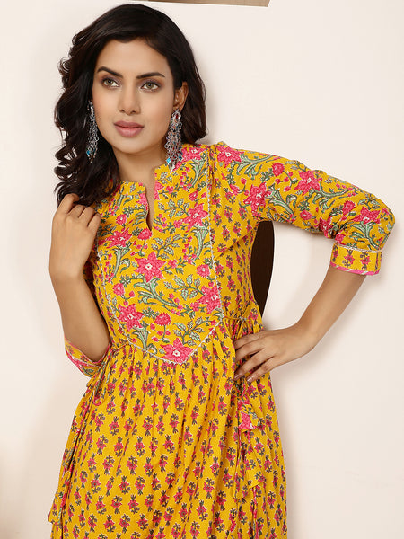 Mustard Cotton Calf Length Printed Round Flared Gown