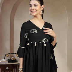 Gulmohar Jaipur Rayon Hip Length Printed 3/4 Sleeves V-Neck Flared Top