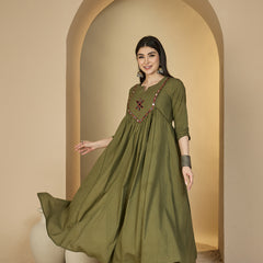 Gulmohar Jaipur Cotton Calf Length Solid 3/4 Sleeves Round Neck Flared Kurta Suit Set