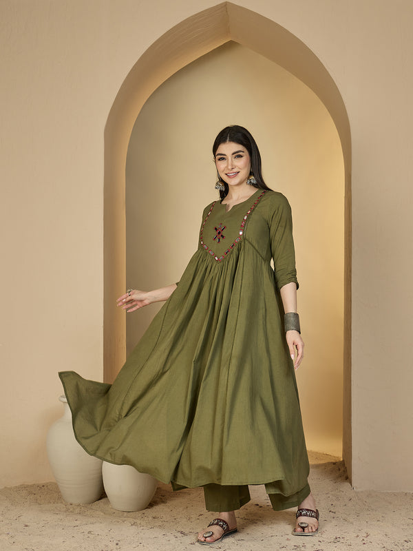 Gulmohar Jaipur Cotton Calf Length Solid 3/4 Sleeves Round Neck Flared Kurta Suit Set
