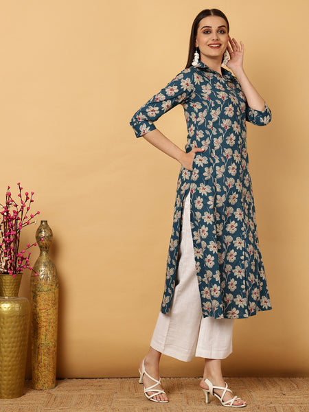 Blue Rayon Calf Length Floral A-Line Shirt Coller Kurta
