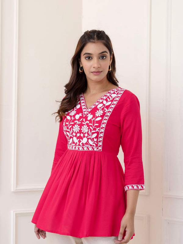Pink Rayon Hip Length Solid V-Neck Solid Embroidered Semi-Flared Top