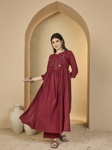Gulmohar Jaipur Cotton Calf Length Solid 3/4 Sleeves Round Neck Flared Kurta Suit Set