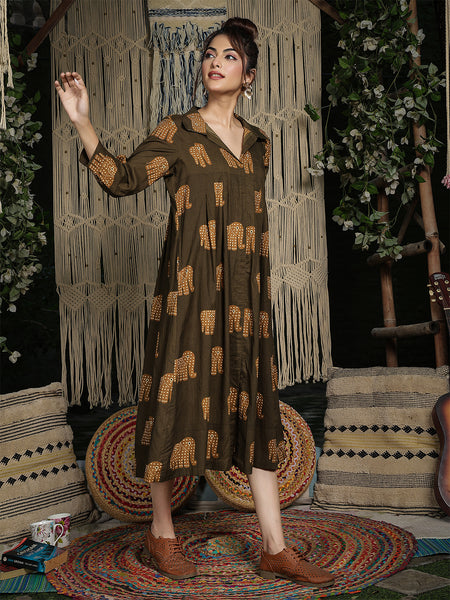 Gulmohar Jaipur Cotton Calf Length Printed Full Sleeve Shirt Collar Flared Dress