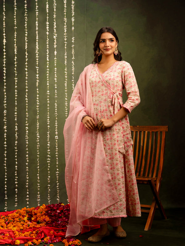 Off White Cotton Calf Length Printed Flared Angrakha Kurta Suit Set