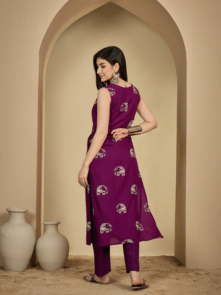 Gulmohar Jaipur Rayon Calf Length Printed Sleeveless V-Neck Straight Kurta Suit Set