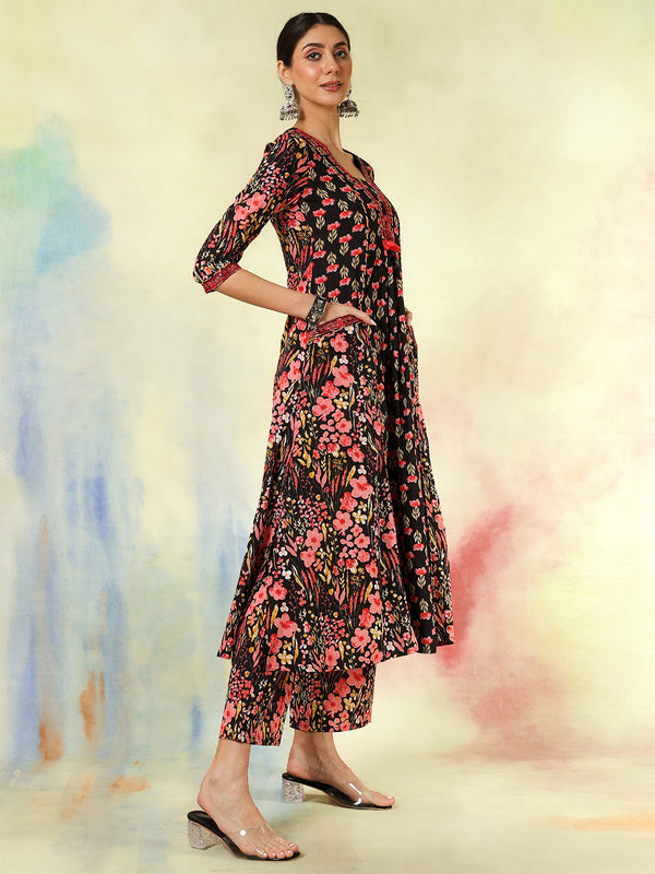 Black Pure Cotton Printed Embroidered Semi-Flared Kurta Suit Set
