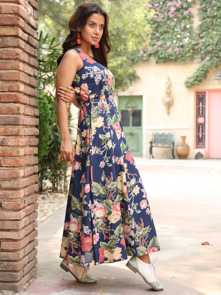 Blue Cotton Ankle Length Printed Flared V-Neck Dress