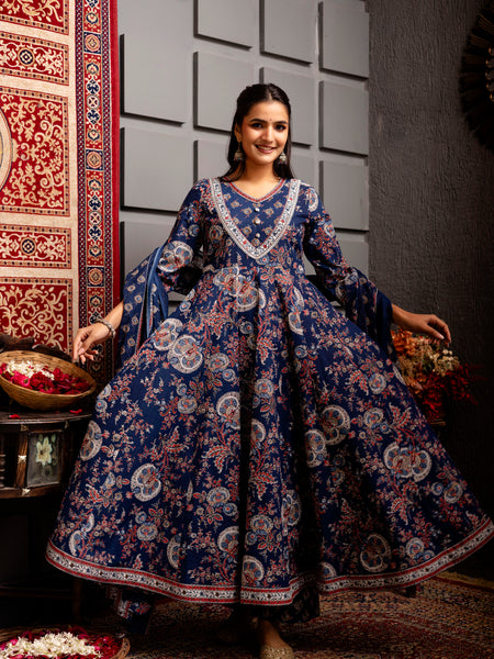 Wine Cotton Calf Length Printed Flared V-Neck Kurta Suit Set