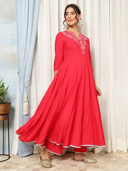 Coral Rayon Calf Length Solid V-Neck Anarkali Kurta Suit Set