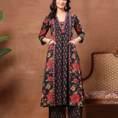 Cotton Calf Length Printed 3/4 Sleeves V-Neck Flared Kurta Suit Set