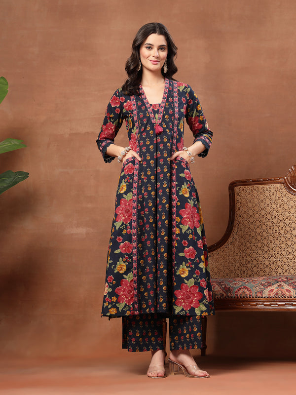 Cotton Calf Length Printed 3/4 Sleeves V-Neck Flared Kurta Suit Set
