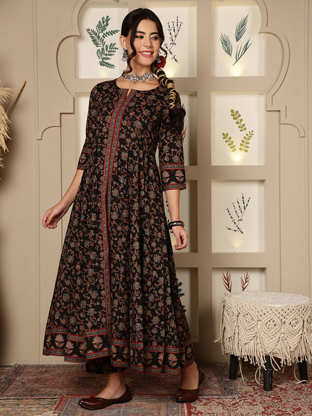Black Cotton Calf Length Printed Round Anarkali Neck Kurta Suit Set