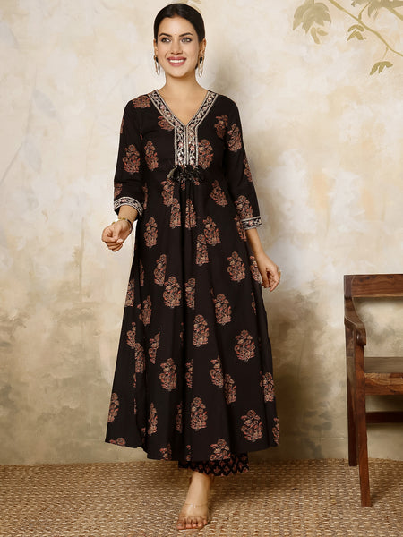 Black Cotton Calf Length Printed V-Neck Flared Kurta Suit Set