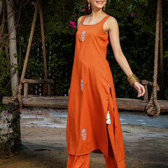 Gulmohar Jaipur Rayon Calf Length Solid Sleeveless Round Neck Straight Kurta Suit Set