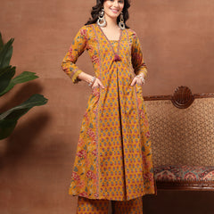 Cotton Calf Length Printed 3/4 Sleeves V-Neck Flared Kurta Suit Set