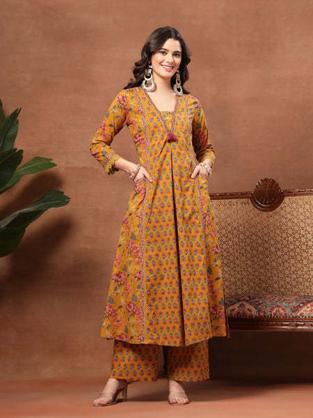 Cotton Calf Length Printed 3/4 Sleeves V-Neck Flared Kurta Suit Set