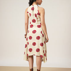 Rayon Calf Length Printed Sleeveless Round Neck Asymmetrical Dress