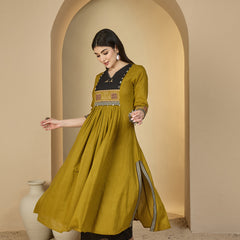 Gulmohar Jaipur Rayon Calf Length Solid 3/4 Sleeves V-Neck Flared Kurta Suit Set