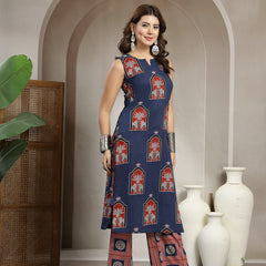 Cotton Calf Length Printed Sleeveless Round Neck Straight Kurta Suit Set