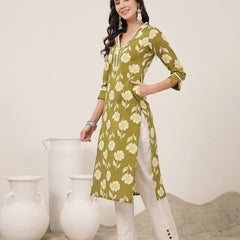 Gulmohar Jaipur Cotton Calf Length Printed 3/4 Sleeves V-Neck Anarkali Kurta Suit Set