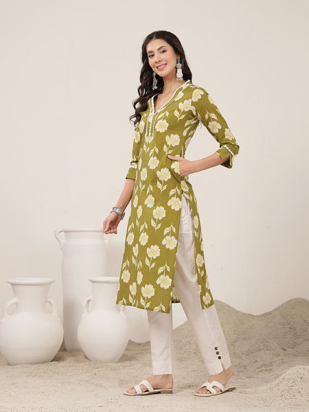 Gulmohar Jaipur Cotton Calf Length Printed 3/4 Sleeves V-Neck Anarkali Kurta Suit Set