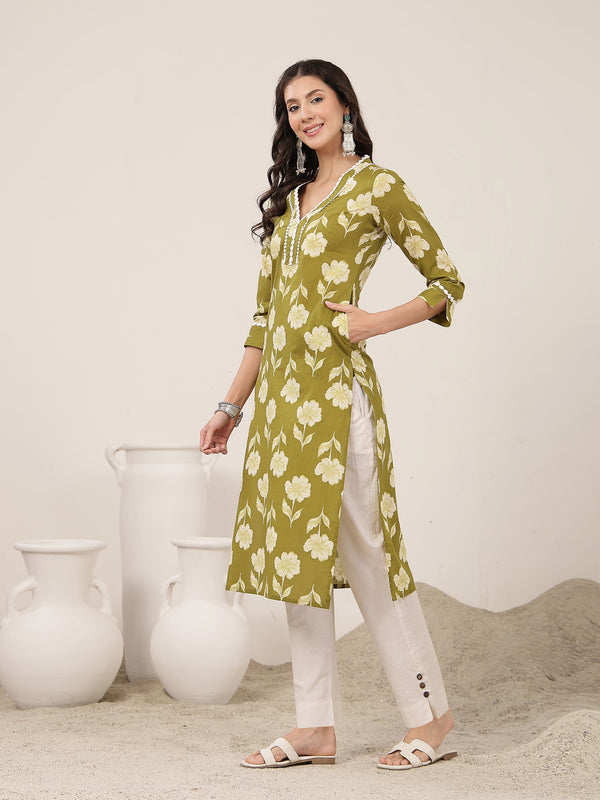 Gulmohar Jaipur Cotton Calf Length Printed 3/4 Sleeves V-Neck Anarkali Kurta Suit Set