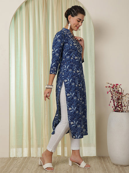 Indigo Cotton Calf Length Printed Straight V-Neck Kurta