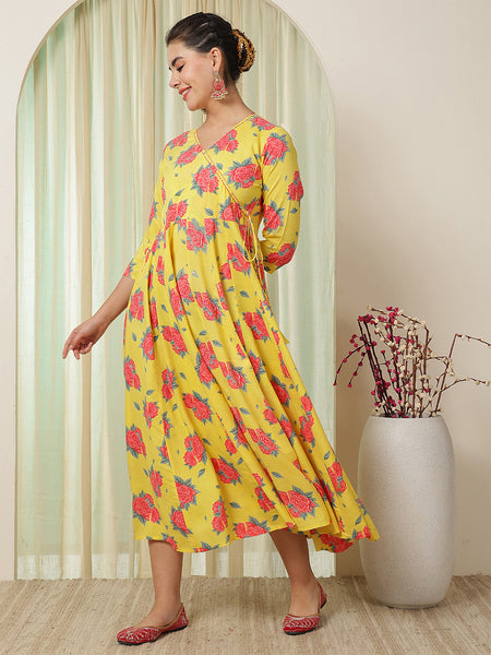 Yellow Rayon Calf Length Printed Flared V-Neck Kurta