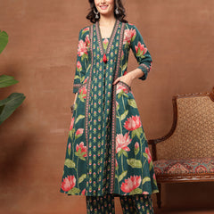 Cotton Calf Length Printed 3/4 Sleeves V-Neck Flared Kurta Suit Set