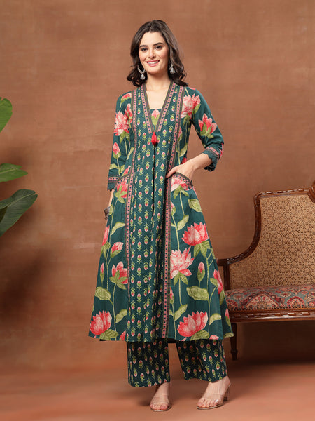 Cotton Calf Length Printed 3/4 Sleeves V-Neck Flared Kurta Suit Set