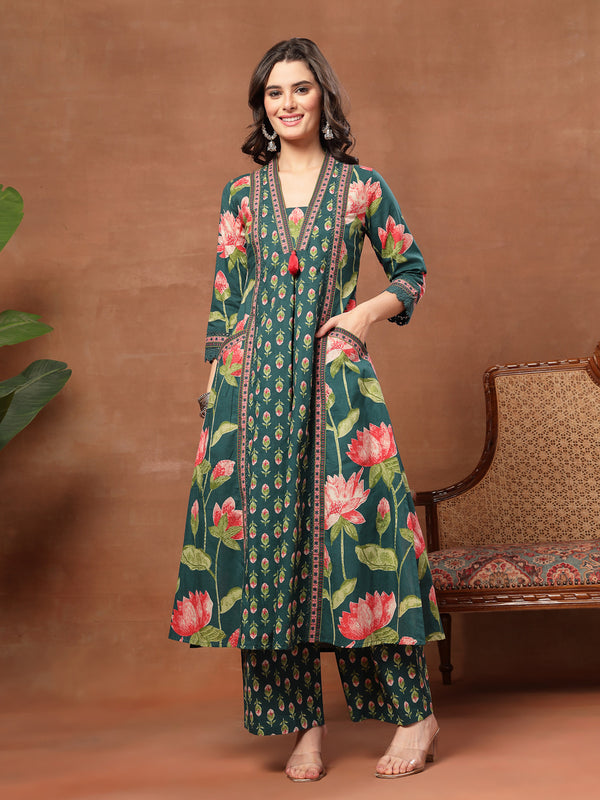 Cotton Calf Length Printed 3/4 Sleeves V-Neck Flared Kurta Suit Set