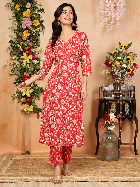 Red Cotton Calf Length Printed V-Neck Straight Kurta Suit Set