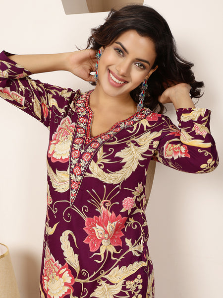 Purple Rayon Calf Length Printed V-Neck Straight Kurta